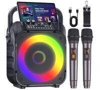 Karaoke Machine with Two Wireless Microphones, Portable Karaoke Machine for Adults & Kids, Portable Bluetooth Speaker with PA System, LED Lights, Supports TF Card/USB, AUX in, FM, USB,TWS (Black)