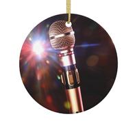 Karaoke Microphone Christmas Ceramic Round Ornament - Double Sided Print Xmas Tree Hanging Decoration With Gold String