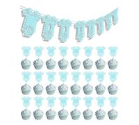 KARAQY Papel Picado Oh Baby Banner and Cupcake Toppers Set - Hollow Blue Baby Shower Decorations for Boy Birthday Mexican Fiesta Gender Reveal Party Decor