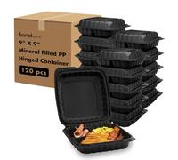 KARAT EARTH Clamshell Take Out Food Containers [9"x9" - 120 ct] To Go Containers | 3 Compartment, Soak-Resistant, Durable, Stackable | Vented for Hot/Cold Foods, Black