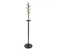 KARAT William Clothes Rack Black Wood Look Steel Stable & Robust with 6 Hooks, Round Base and Storage Compartment Coat Stand for Clothes, Wardrobe & Hats Pocket Stand for Hallway Height 174 cm
