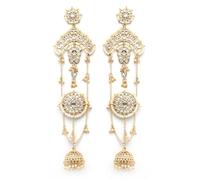 Karatcart Traditional Gold-Plated Kashmiri Kundan Long Drop Earrings with Jhumki Design for Women