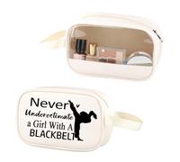 Karate Clear Makeup Bag Never Underestimate with A Black Belt PU Leather Cosmetic Bag Karate Trainer PVC Zipper Pouch (Black Belt PU)