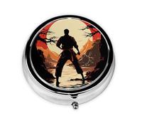 Karate Men Pill Case with Mirror Retro Small 3 Compartment Pill Box for Purse or Pocket Travel Pill Container Decorative Metal Medicine Vitamin Organizer Unique Gifts