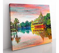 Karaweik Palace in Yangon Myanmar Modern Canvas Wall Art Print Ready to Hang, Framed Picture for Living Room Bedroom Home Office Décor, 50x50 cm (20x20 Inch)