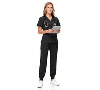 KARAZZO Women's Medical Scrub Sets Stretch V-Neck Scrub Top & Jogger Pant with 8 Pockets Nursing Uniform Scrubs Suit (Black, XX-Large)