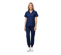 KARAZZO Women's Medical Scrub Sets Stretch V-Neck Scrub Top & Jogger Pant with 8 Pockets Nursing Uniform Scrubs Suit (Dark Blue, Large)