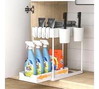 KARBAG 2-Tier Under Sink Storage Kitchen Organiser, Under Sink Organizers with 4 Hooks & 2 Hanging Cups Multi-Purpose Pull Out Sliding Storage Drawer Organizer for Bathroom Kitchen Countertop - White