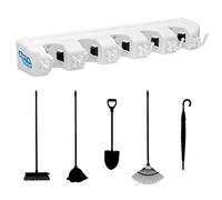 Kare & Kind Broom Holder - Wall Mount Tool Organizer Rack - 5 Slots with Automatic Handle Grips - Perfect for Brooms, Mops, Dusters, Rakes, Shovels, etc. - 6 Foldable Hooks for Smaller Tools/Cloths