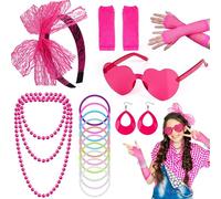 Kareeran 80s Fancy Dress for Women Girls, 17Pcs Ladies 80s Accessories, 90s Retro Headbands Earrings Fishnet Gloves Sunglasses for Dress Up Party