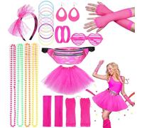 Kareeran 80s Fancy Dress for Women Girls, 80s Accessories Neon Leg Warmers Bumbag Tutu Skirt Wig Lace Bow Headband Sunglasses Fishnet Gloves for Dress Up Party