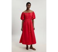 Karen Millen Women's Bead Detail Cotton Poplin Bardot Midi Dress in Red | Size: 10