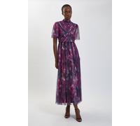 Karen Millen Women's Blurred Floral Cross Detail Tulle Maxi Dress in Wine | Size: 14