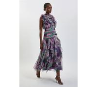 Karen Millen Women's Blurred Floral Frill Tulle Maxi Dress in Purple | Size: 8