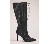 Karen Millen Women's Carvela X Claudia Embroidered Mesh Lace Up Knee High Boots in Black | Size: 7