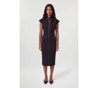 Karen Millen Women's Compact Stetch & PU Turn Lock High Neck Tailored Midi Dress in Black | Size: 8