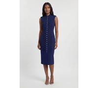 Karen Millen Women's Compact Stretch Button Detail Straight Pencil Dress in Navy | Size: 10