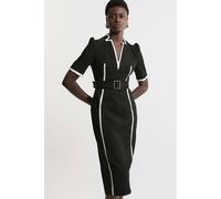 Karen Millen Women's Compact Stretch Contrast Tipped Forever Belted Tailored Midi Dress in Black | Size: 12
