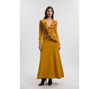 Karen Millen Women's Compact Wool Look Ruffle V Neck Midi Dress in Ochre | Size: Small