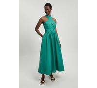 Karen Millen Women's Cotton Poplin Cross Over Halter Neck Woven Midi Dress in Teal | Size: 18