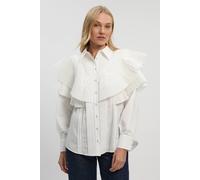 Karen Millen Women's Cotton Poplin Ruffle Detail Long Sleeve Woven Collared Shirt in White | Size: 10