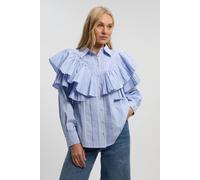 Karen Millen Women's Cotton Poplin Stripe Ruffle Detail Long Sleeve Woven Collared Shirt in Blue | Size: 6