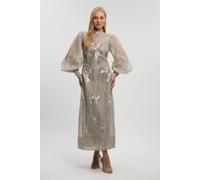 Karen Millen Women's Crystal Embellished Organdie Balloon Sleeve Midi Dress in Silver | Size: 6