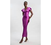 Karen Millen Women's Foil Metallic Figure Form Bandage Angel Sleeve Knit Maxi Dress in Magenta | Size: 8