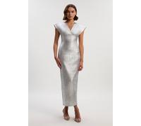 Karen Millen Women's Foil Metallic Figure Form Bandage Angel Sleeve Knit Maxi Dress in Silver | Size: XS