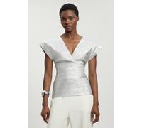 Karen Millen Women's Foil Metallic Figure Form Bandage Angel Sleeve Top in Silver | Size: 10
