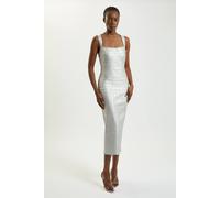 Karen Millen Women's Foil Metallic Figure Form Bandage Strappy Knit Maxi Dress in Silver | Size: 16