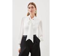 Karen Millen Women's Forever Jersey Ponte & Georgette Mix Tie Neck Long Sleeve Bodysuit in Ivory | Size: Small