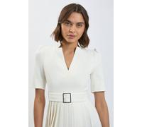 Karen Millen Women's Forever Tailored Structured Crepe Forever Pleat Belted Midi Dress in Ivory | Size: 16