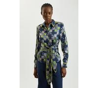 Karen Millen Women's Geo Print Hammered Satin Tie Waist Woven Shirt in Navy | Size: 16