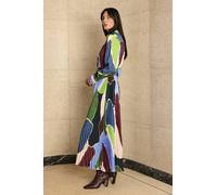 Karen Millen Women's Harper's Bazaar Satin Geo Print Pleated Tie Waist Maxi Dress | Size: 8