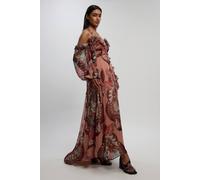 Karen Millen Women's Metallic Thread Printed Cold Shoulder Woven Maxi Dress in Rust | Size: 10