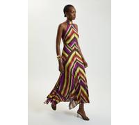 Karen Millen Women's Multi Fluid Stripe Cotton Mix Woven Halter Dress in Purple | Size: 14