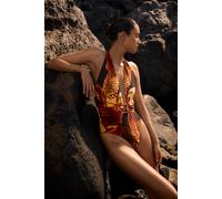 Karen Millen Women's Orchid Print Plunge Swimsuit in Brown | Size: Medium