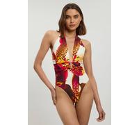 Karen Millen Women's Orchid Print Plunge Swimsuit in Ivory | Size: Medium
