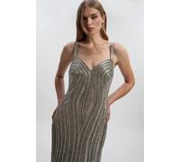 Karen Millen Women's Petite Beaded Contour Sweet Heart Neckline Woven Maxi Dress in Silver | Size: 8