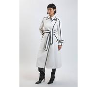 Karen Millen Women's Petite Brushed Wool Pu Trim Belted Tailored Double Breasted Midi Coat in Ivory | Size: 6