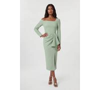 Karen Millen Women's Petite Compact Stretch Asymmetric Neckline Draped Midi Dress in Sage | Size: 8