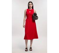 Karen Millen Women's Petite Compact Stretch Belted Seamed Full Skirted Midi Dress in Red | Size: 14