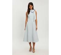 Karen Millen Women's Petite Compact Stretch Bow Tie Neck Full Skirted Midi Dress in Pale Blue | Size: 8