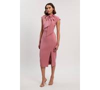 Karen Millen Women's Petite Compact Stretch Bow Tie Neck Tailored Pencil Midi Dress in Dusty Rose | Size: 6