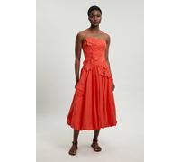 Karen Millen Women's Petite Cotton Linen 3D Floral Bubble Hem Midi Dress in Red | Size: 10