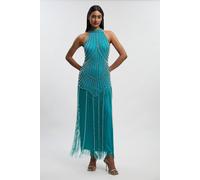 Karen Millen Women's Petite Crystal Embellished Fringed Woven Midi Dress in Blue | Size: 10