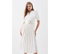 Karen Millen Women's Petite Forever Tailored Structured Crepe Forever Pleat Belted Midi Dress in Ivory | Size: 12
