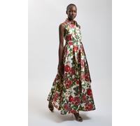 Karen Millen Women's Petite Fruit Print Embellished Collar Twill Midi Dress | Size: 10
