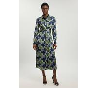 Karen Millen Women's Petite Geo Print Hammered Satin Tie Waist Woven Midi Dress in Navy | Size: 16